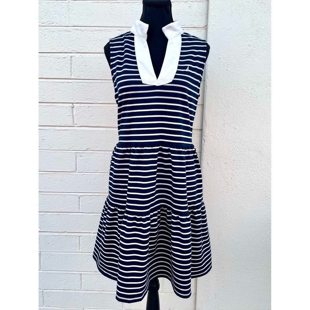 Nautica Navy White Stripe Sleeveless Dress Sz L Tiered Pockets Coastal Prep Polo
